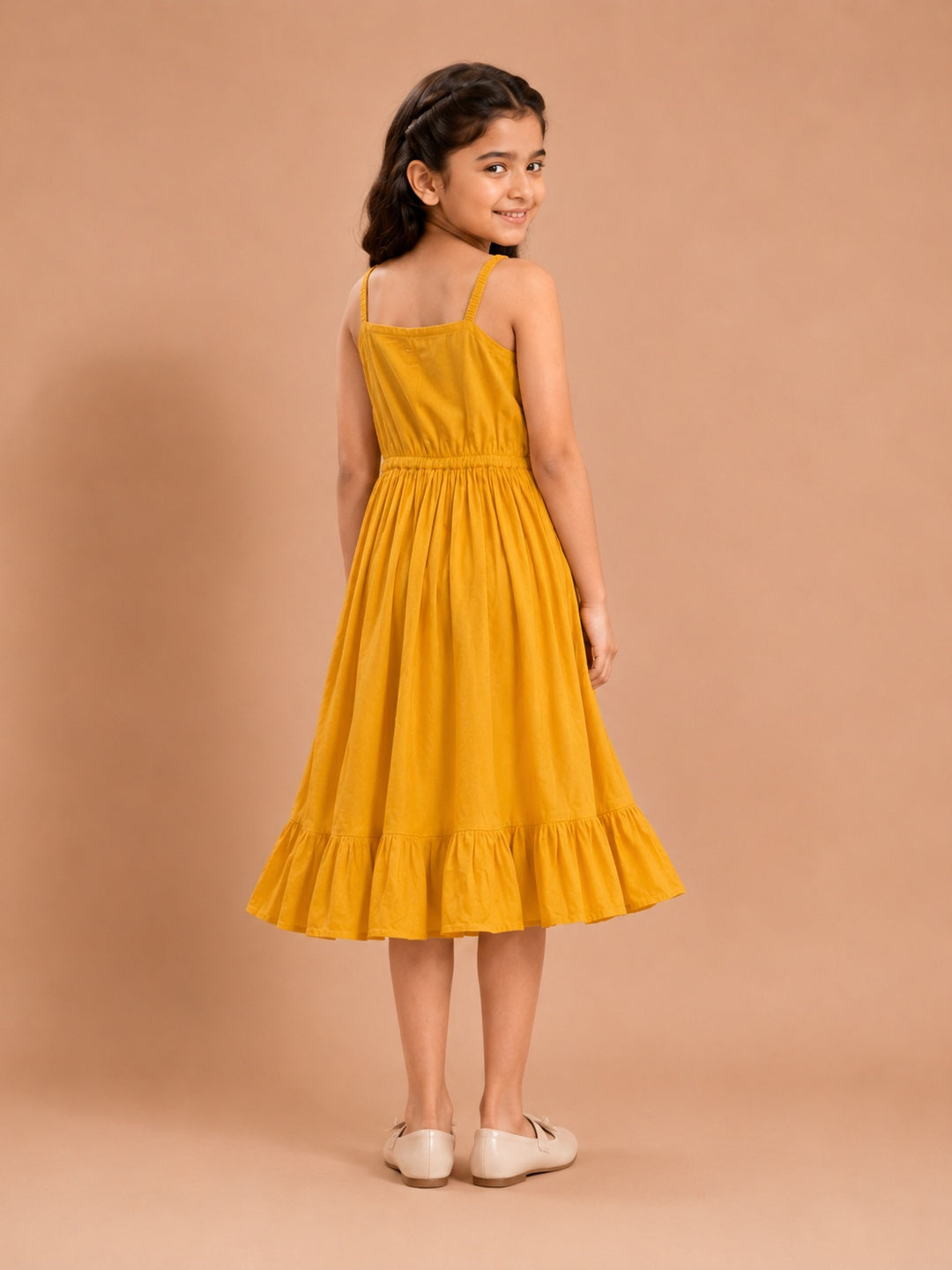 Bitiya By Bhama Yellow Floral Printed Midi Dress For Girls