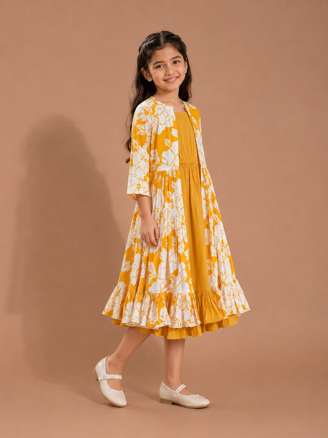 Bitiya By Bhama Yellow Floral Printed Midi Dress For Girls
