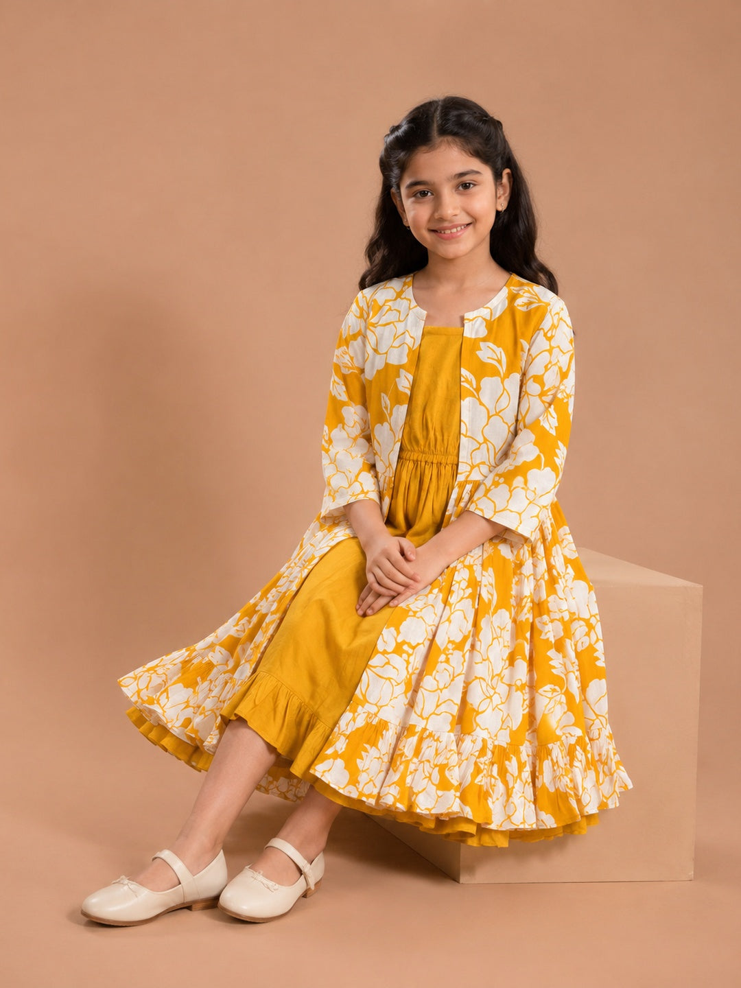 Bitiya By Bhama Yellow Floral Printed Midi Dress For Girls