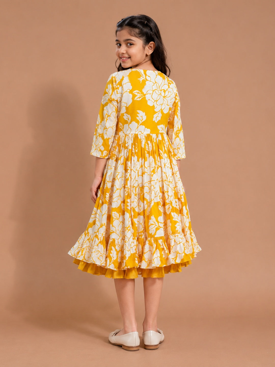 Bitiya By Bhama Yellow Floral Printed Midi Dress For Girls