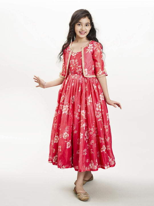 Bitiya by Bhama Girls Pink & Cream Printed gown Dress