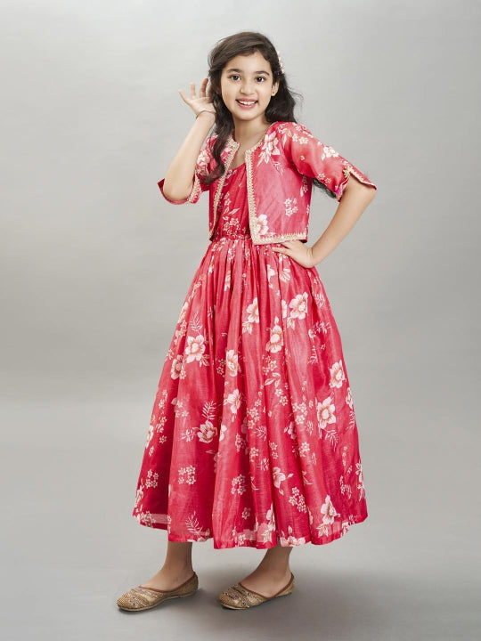 Bitiya by Bhama Girls Pink & Cream Printed gown Dress
