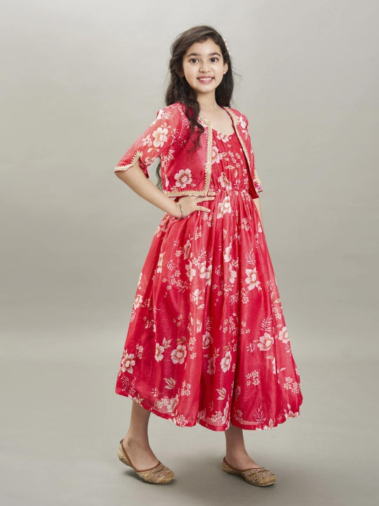 Bitiya by Bhama Girls Pink & Cream Printed gown Dress
