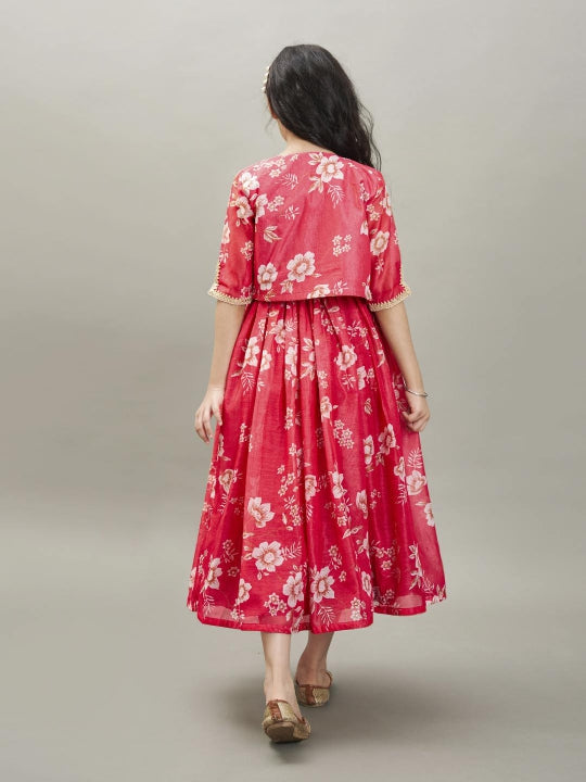 Bitiya by Bhama Girls Pink & Cream Printed gown Dress