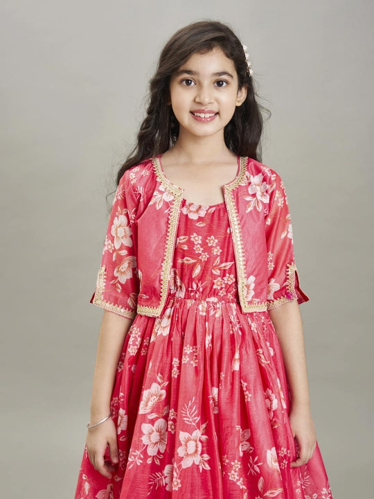 Bitiya by Bhama Girls Pink & Cream Printed gown Dress