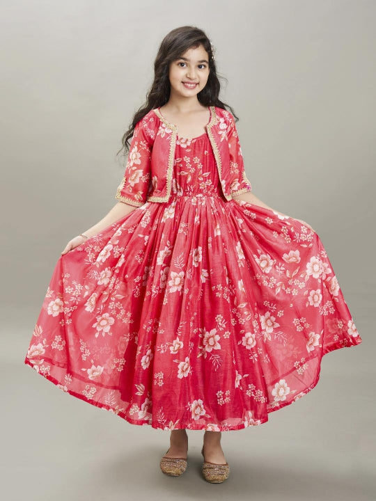 Bitiya by Bhama Girls Pink & Cream Printed gown Dress