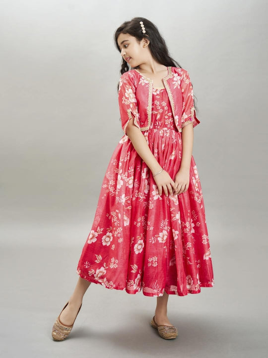 Bitiya by Bhama Girls Pink & Cream Printed gown Dress
