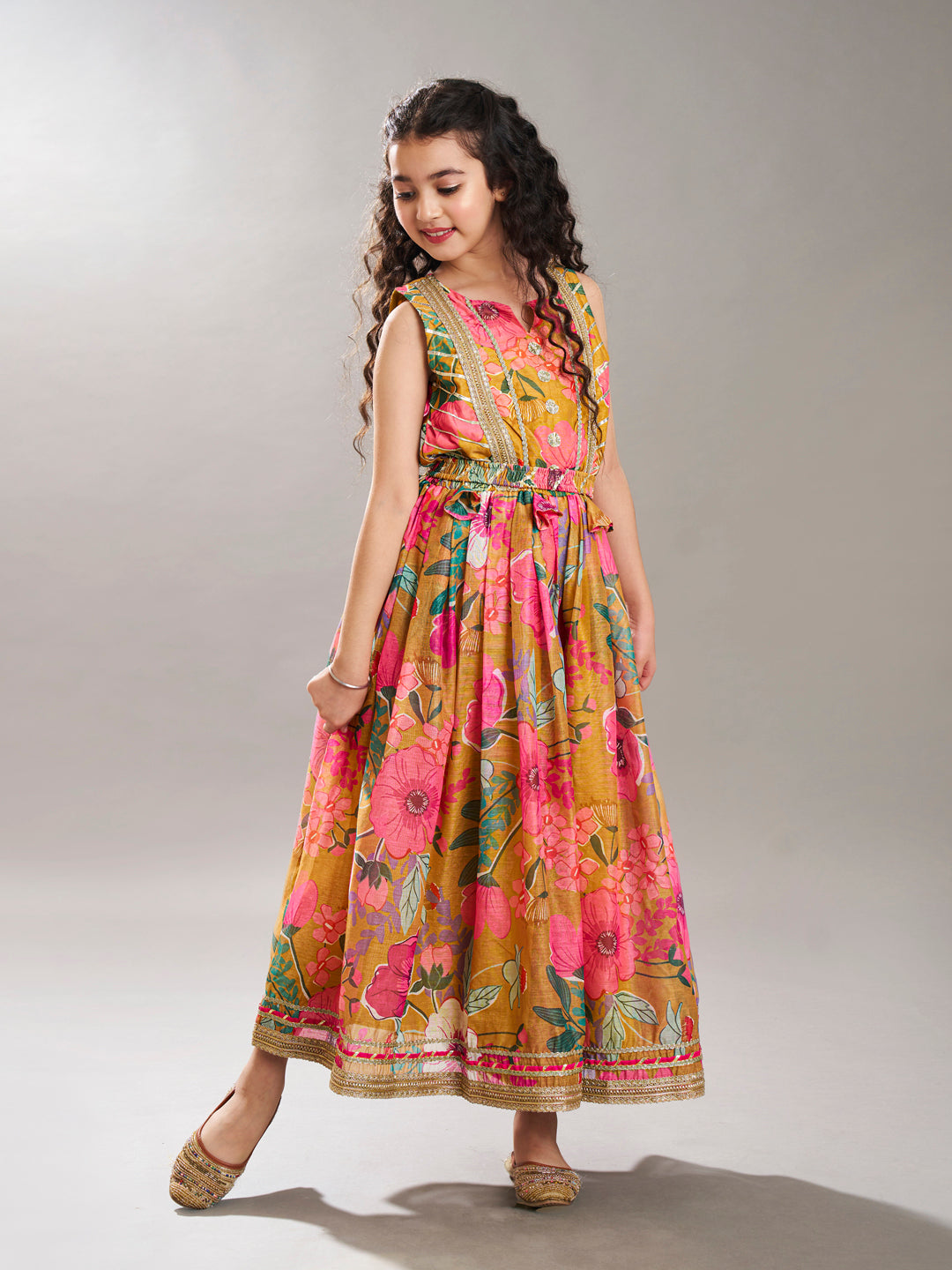 Bitiya by Bhama Yellow  & pink Floral printed Dress