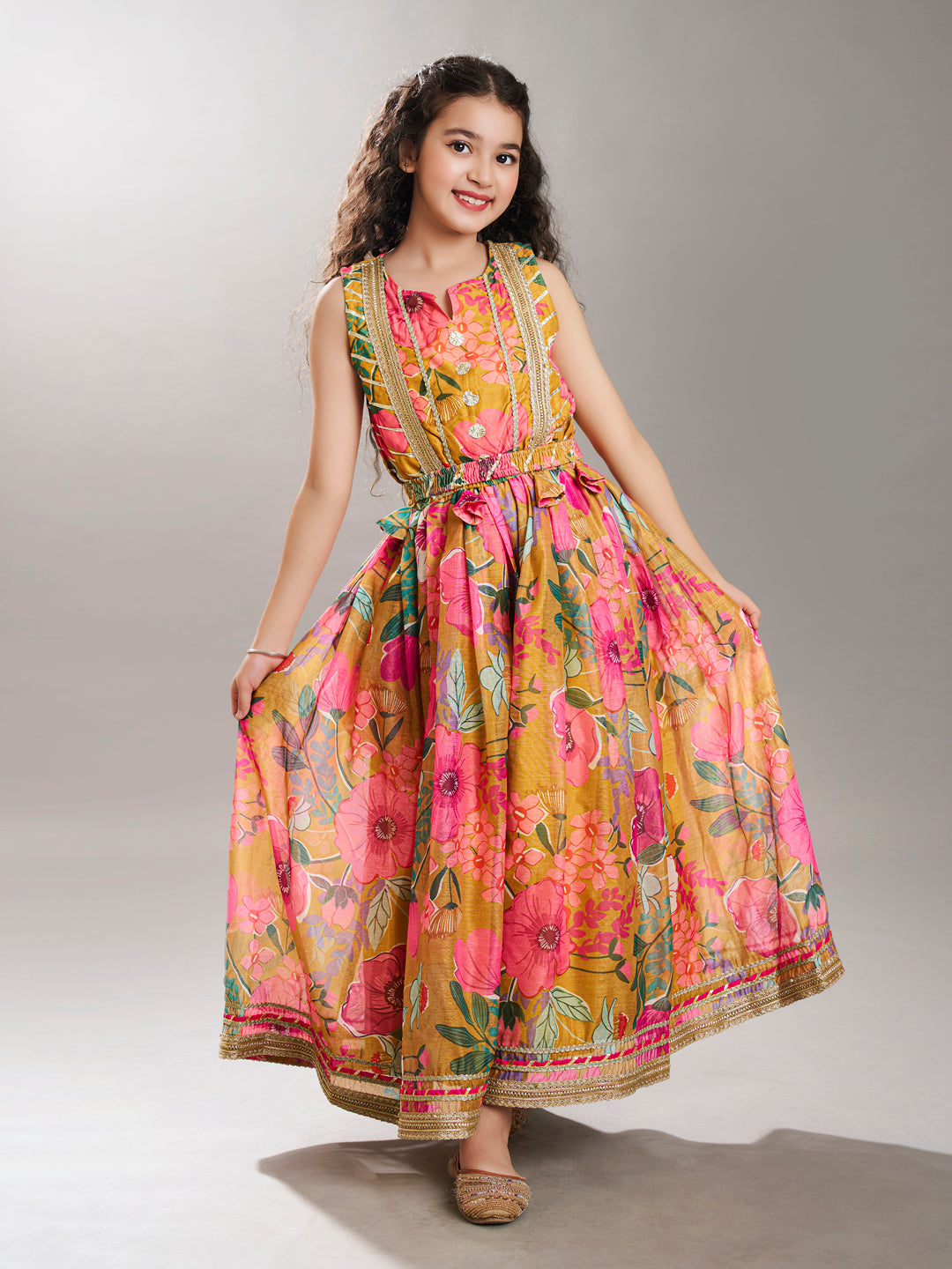 Bitiya by Bhama Yellow  & pink Floral printed Dress