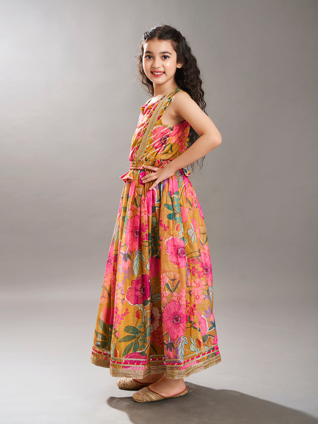 Bitiya by Bhama Yellow  & pink Floral printed Dress