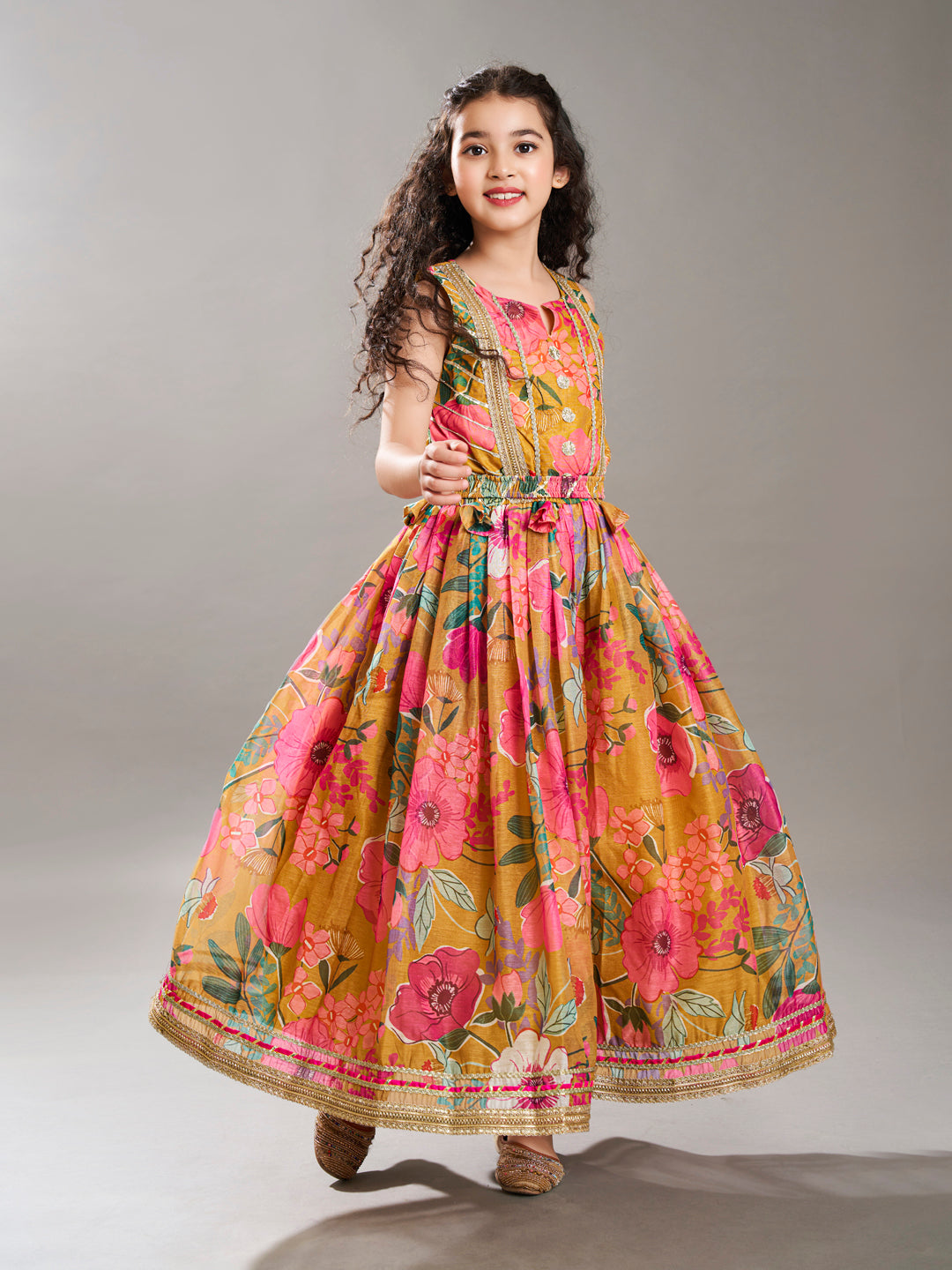 Bitiya by Bhama Yellow  & pink Floral printed Dress