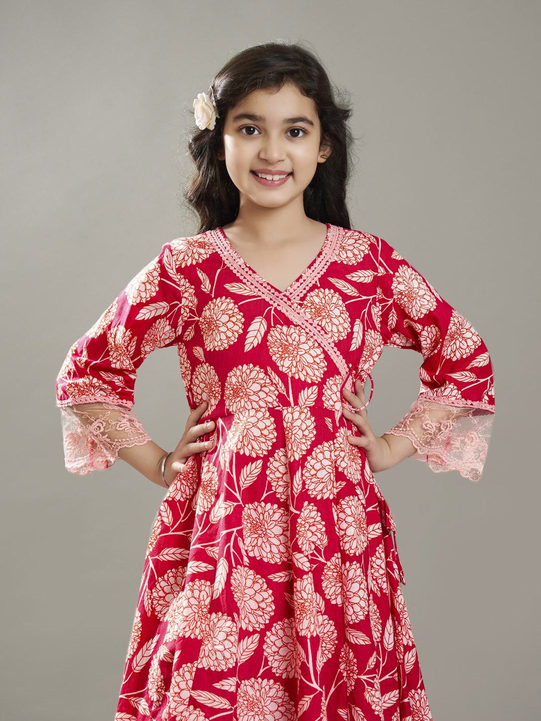 Bitiya by Bhama Girls Pink Angrakha Kurta with Trousers
