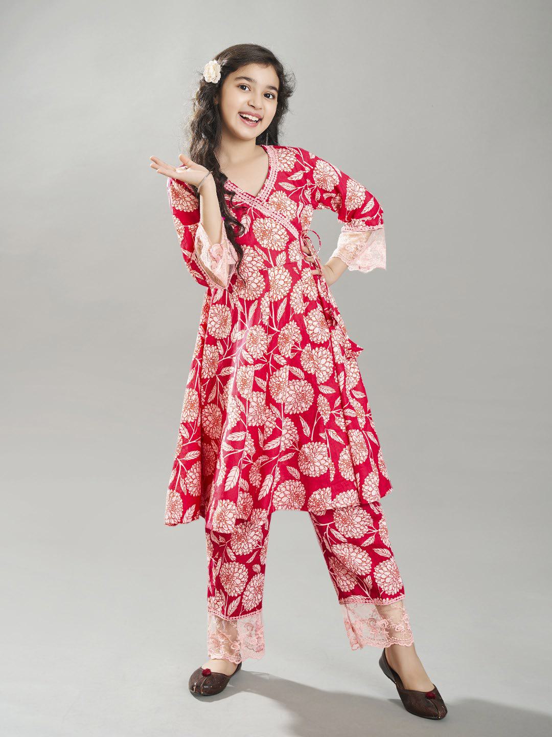 Bitiya by Bhama Girls Pink Angrakha Kurta with Trousers