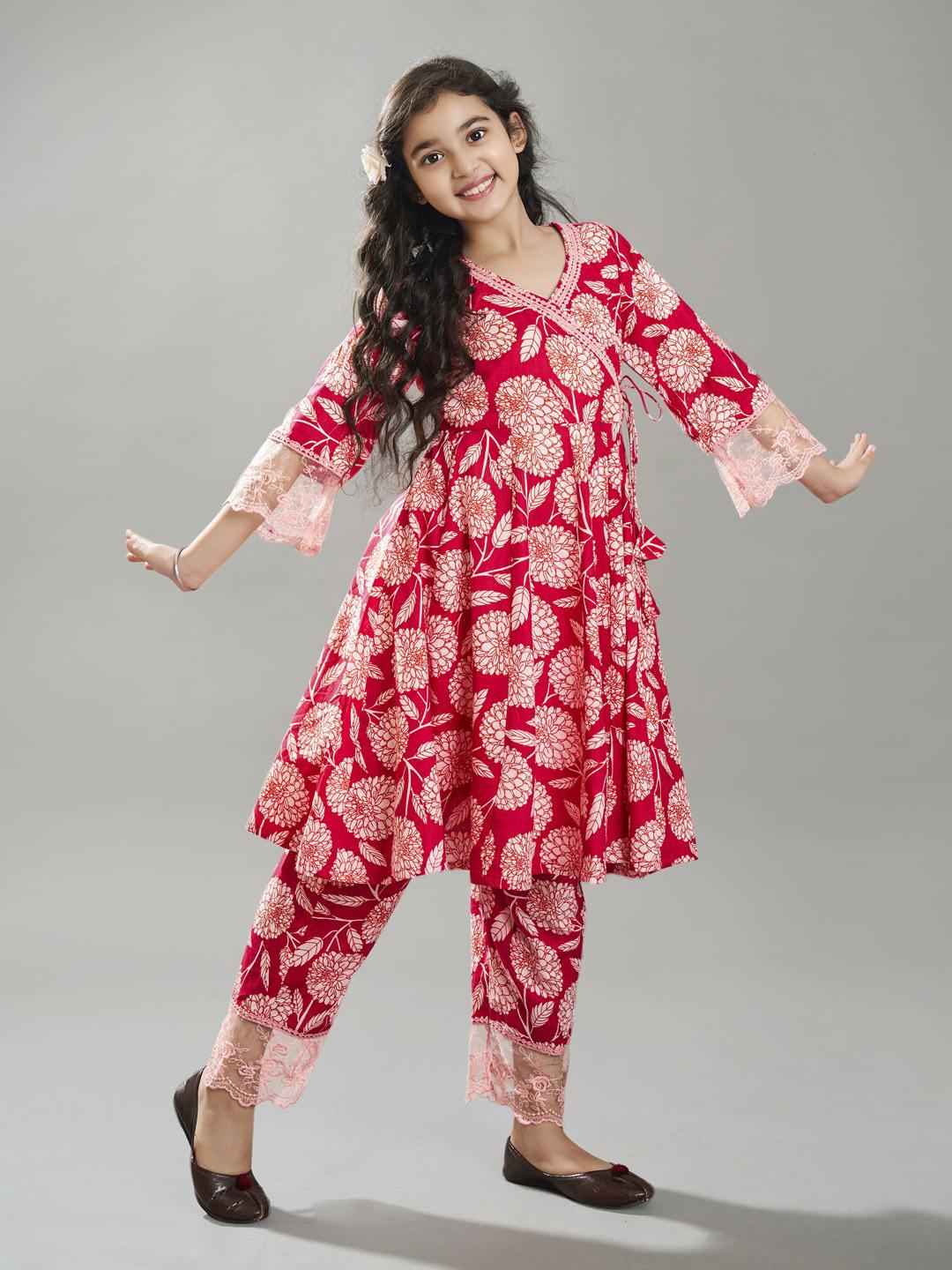 Bitiya by Bhama Girls Pink Angrakha Kurta with Trousers