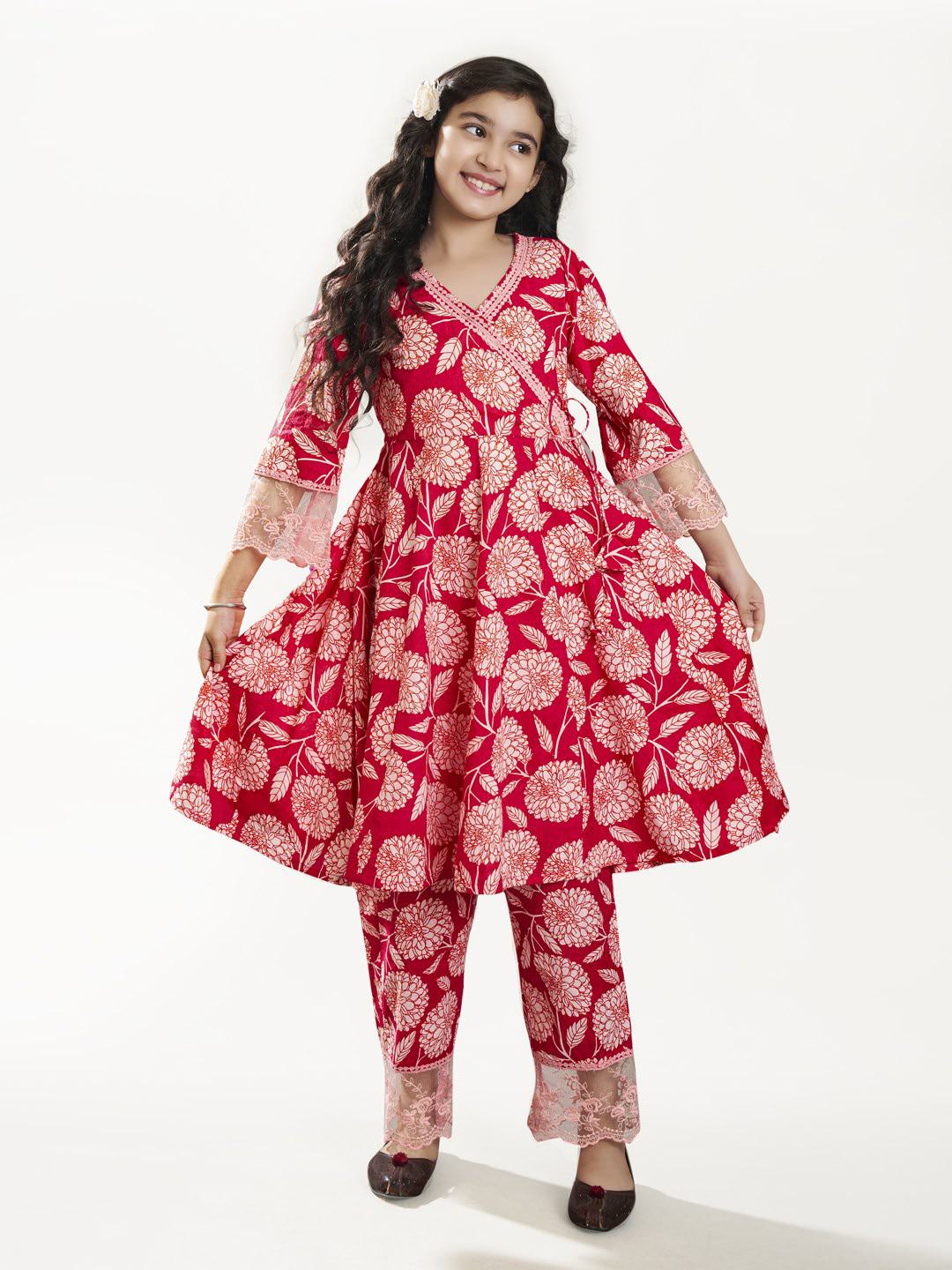 Bitiya by Bhama Girls Pink Angrakha Kurta with Trousers