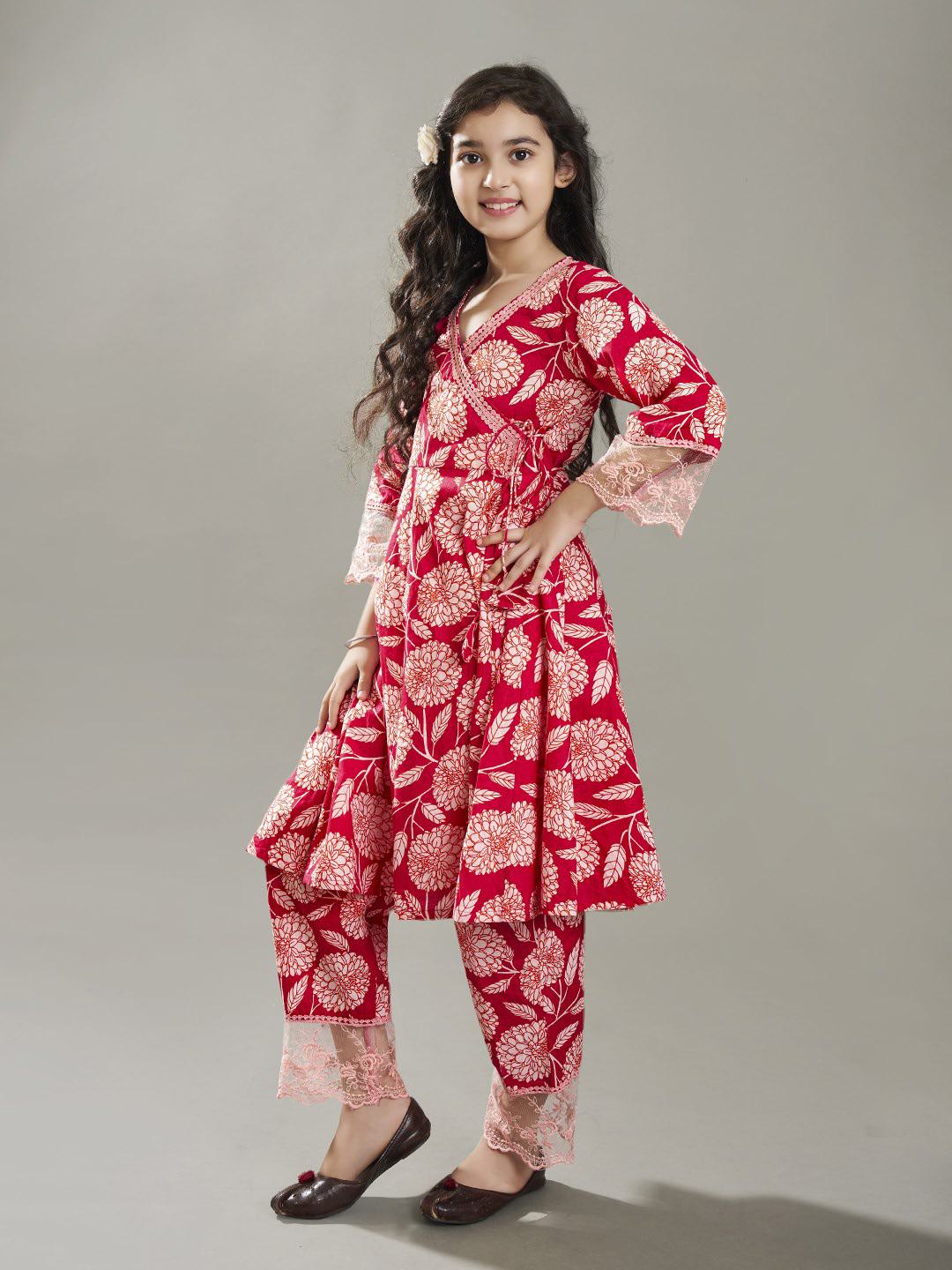 Bitiya by Bhama Girls Pink Angrakha Kurta with Trousers
