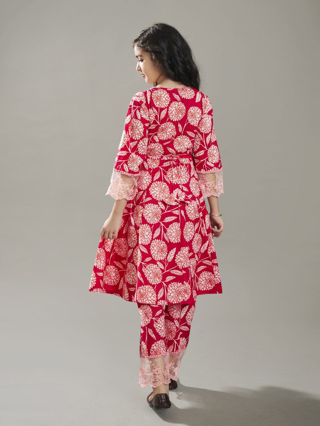 Bitiya by Bhama Girls Pink Angrakha Kurta with Trousers