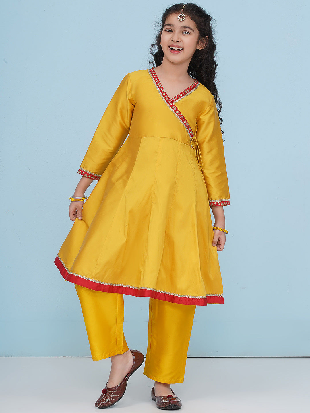 Bitiya by Bhama Girls Yellow Angrakha Kurta with Trousers