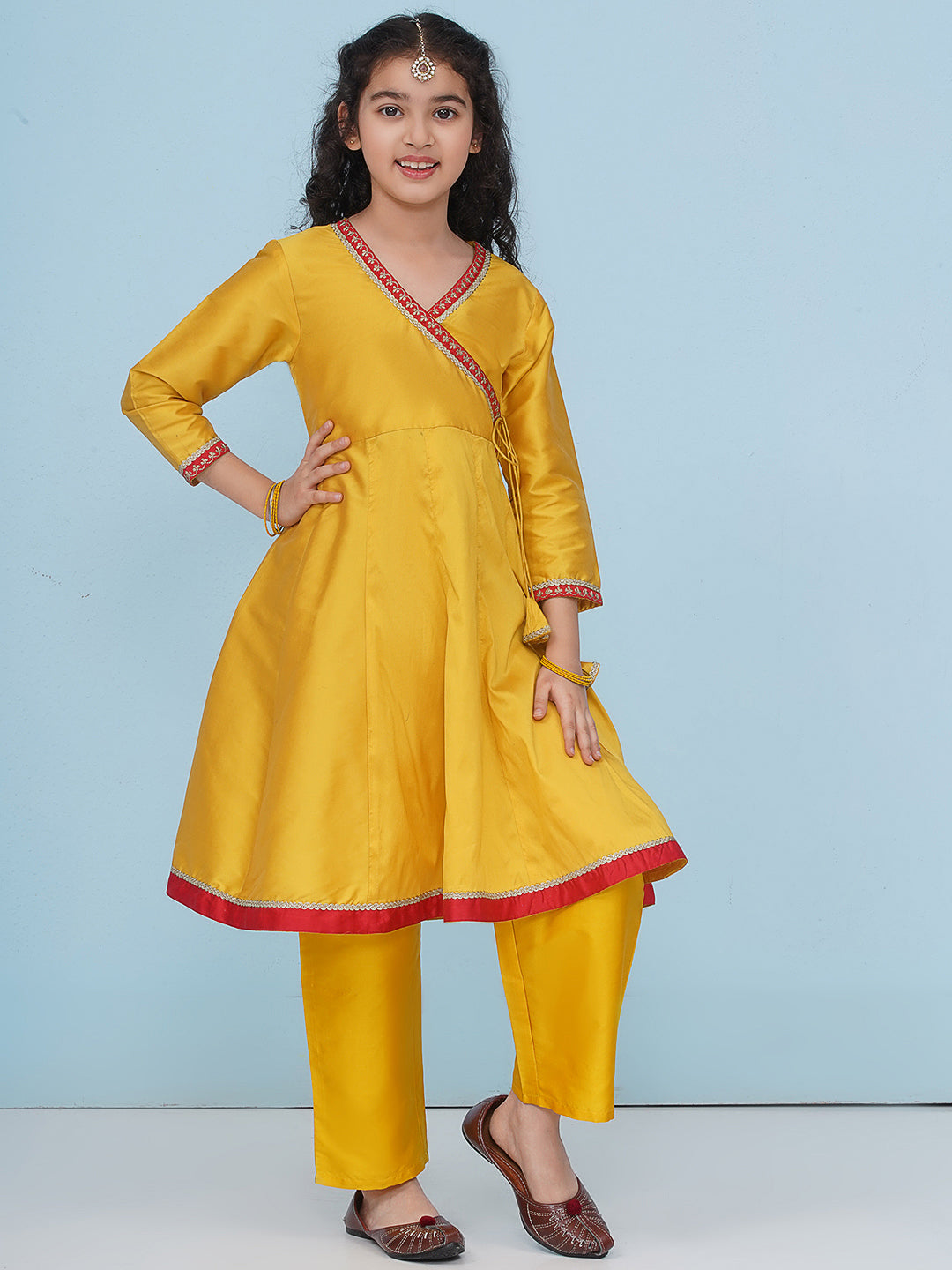 Bitiya by Bhama Girls Yellow Angrakha Kurta with Trousers