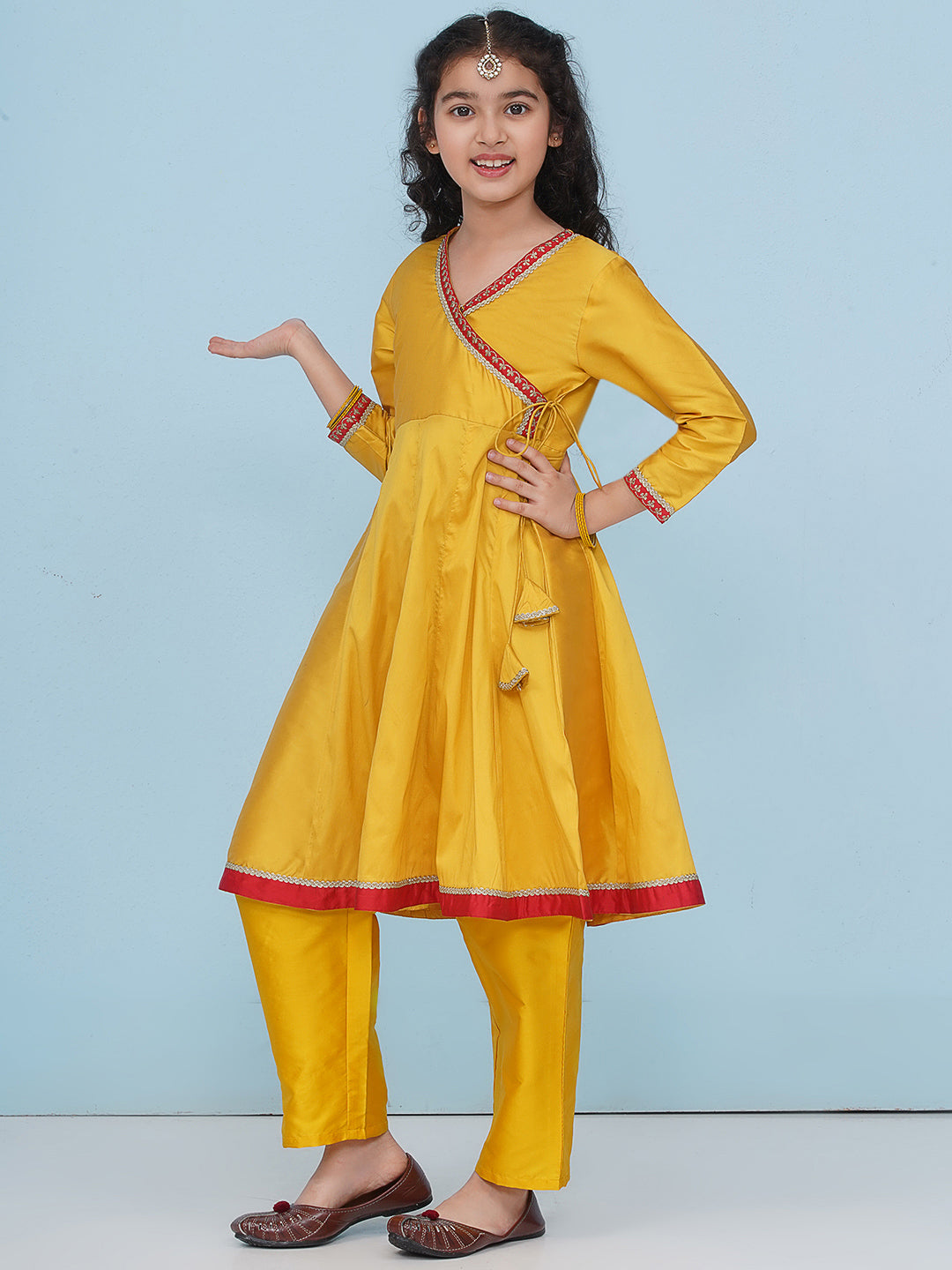 Bitiya by Bhama Girls Yellow Angrakha Kurta with Trousers