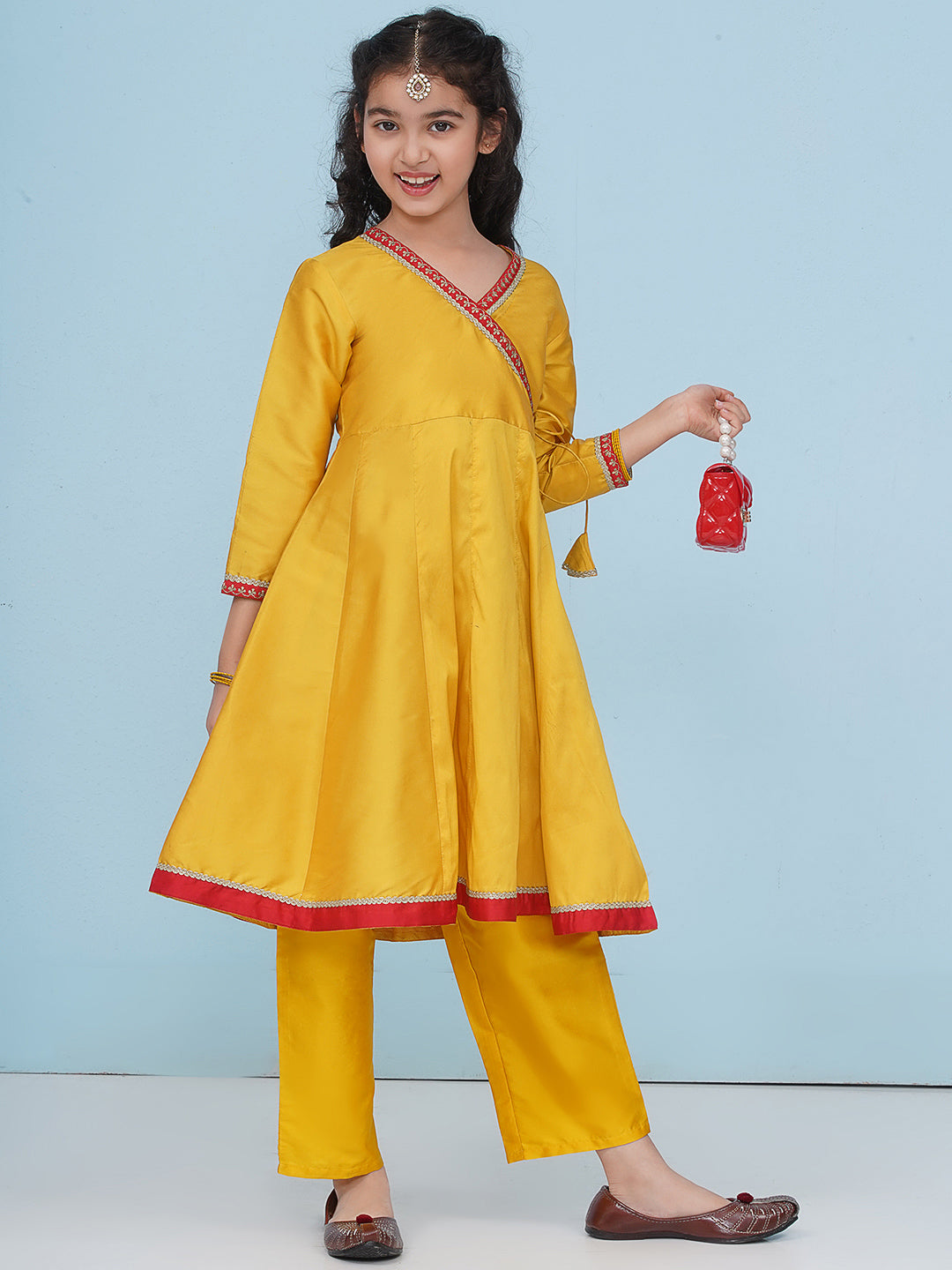 Bitiya by Bhama Girls Yellow Angrakha Kurta with Trousers
