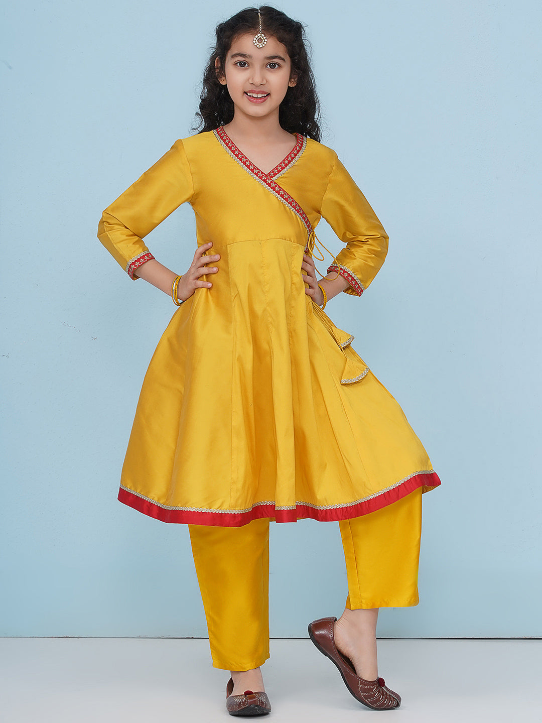 Bitiya by Bhama Girls Yellow Angrakha Kurta with Trousers