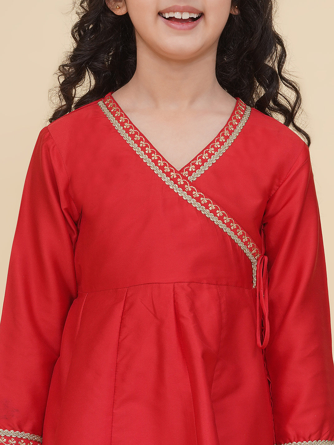 Bitiya by Bhama Girls Red Angrakha Kurta with Trousers