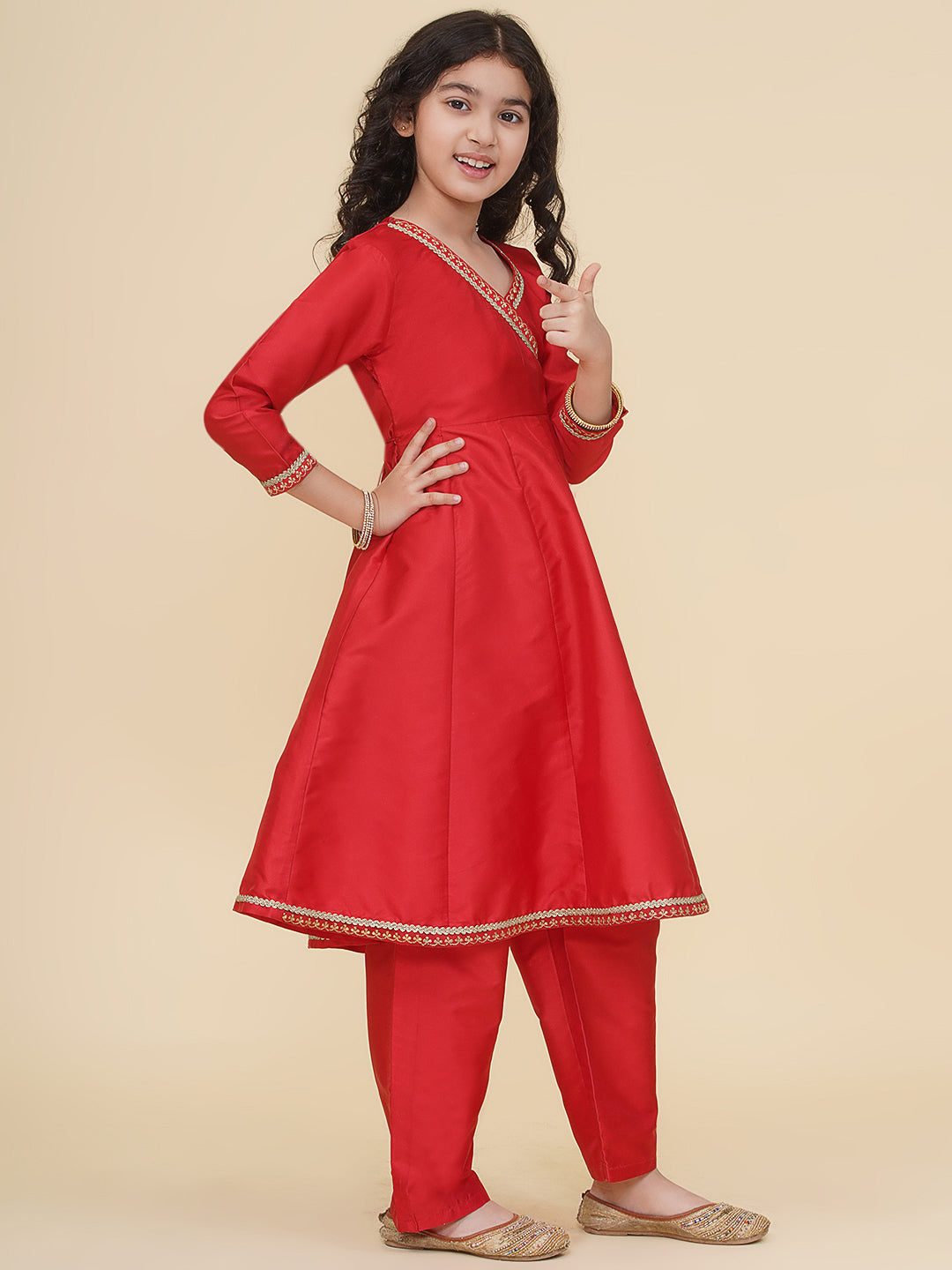 Bitiya by Bhama Girls Red Angrakha Kurta with Trousers