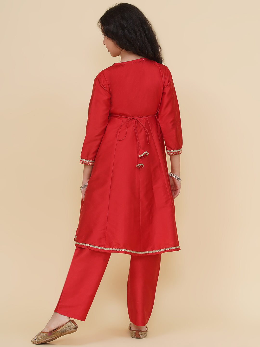 Bitiya by Bhama Girls Red Angrakha Kurta with Trousers
