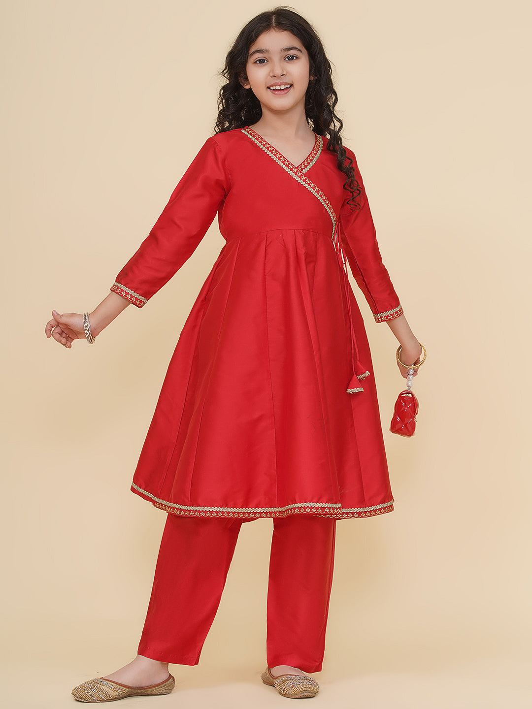 Bitiya by Bhama Girls Red Angrakha Kurta with Trousers