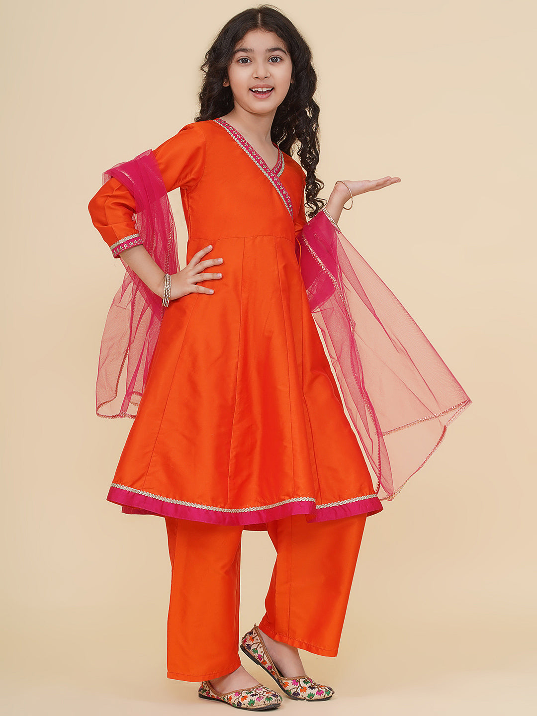 Bitiya by Bhama Girls Orange Angrakha Kurta with Trousers with Dupatta