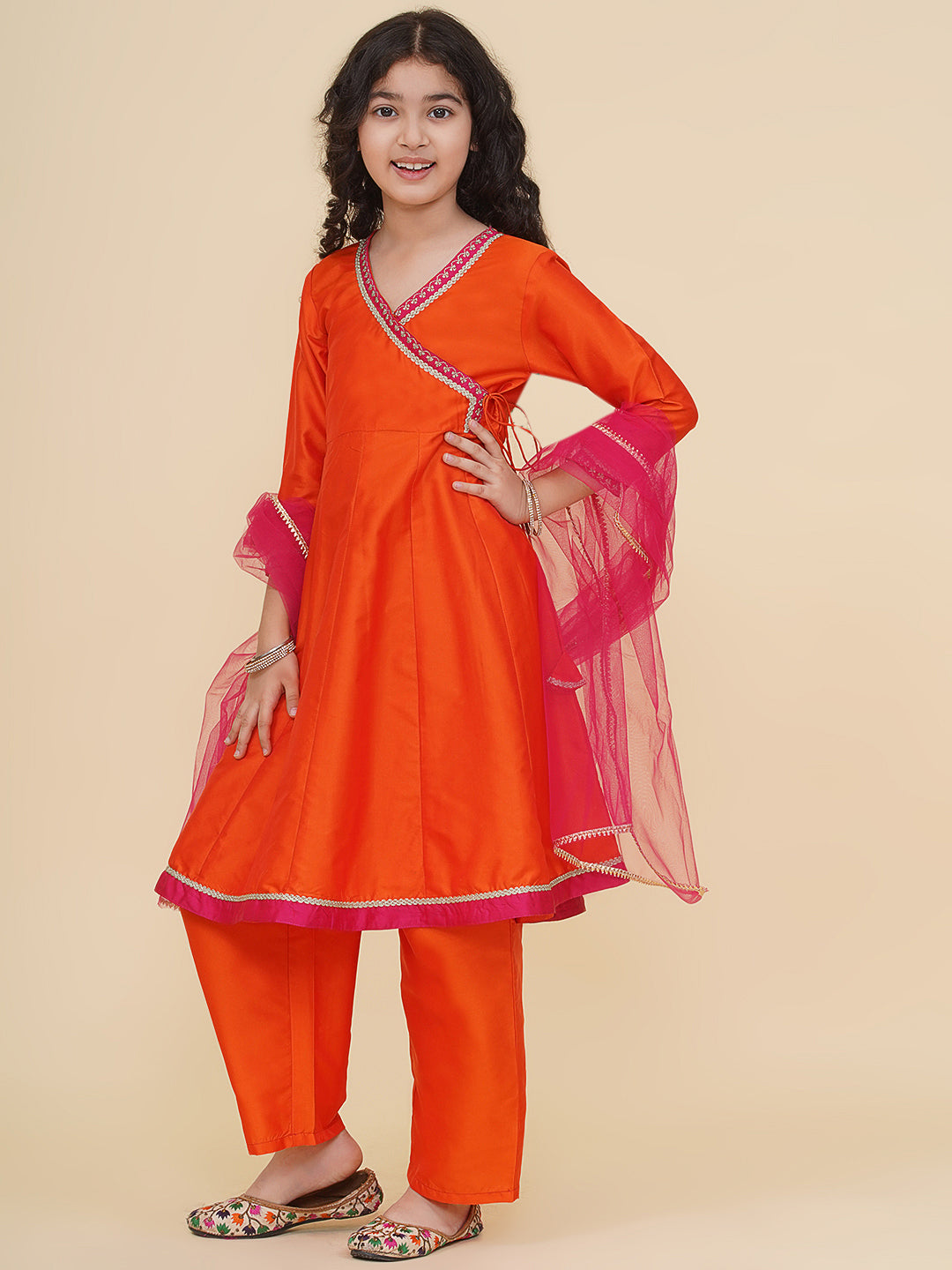 Bitiya by Bhama Girls Orange Angrakha Kurta with Trousers with Dupatta