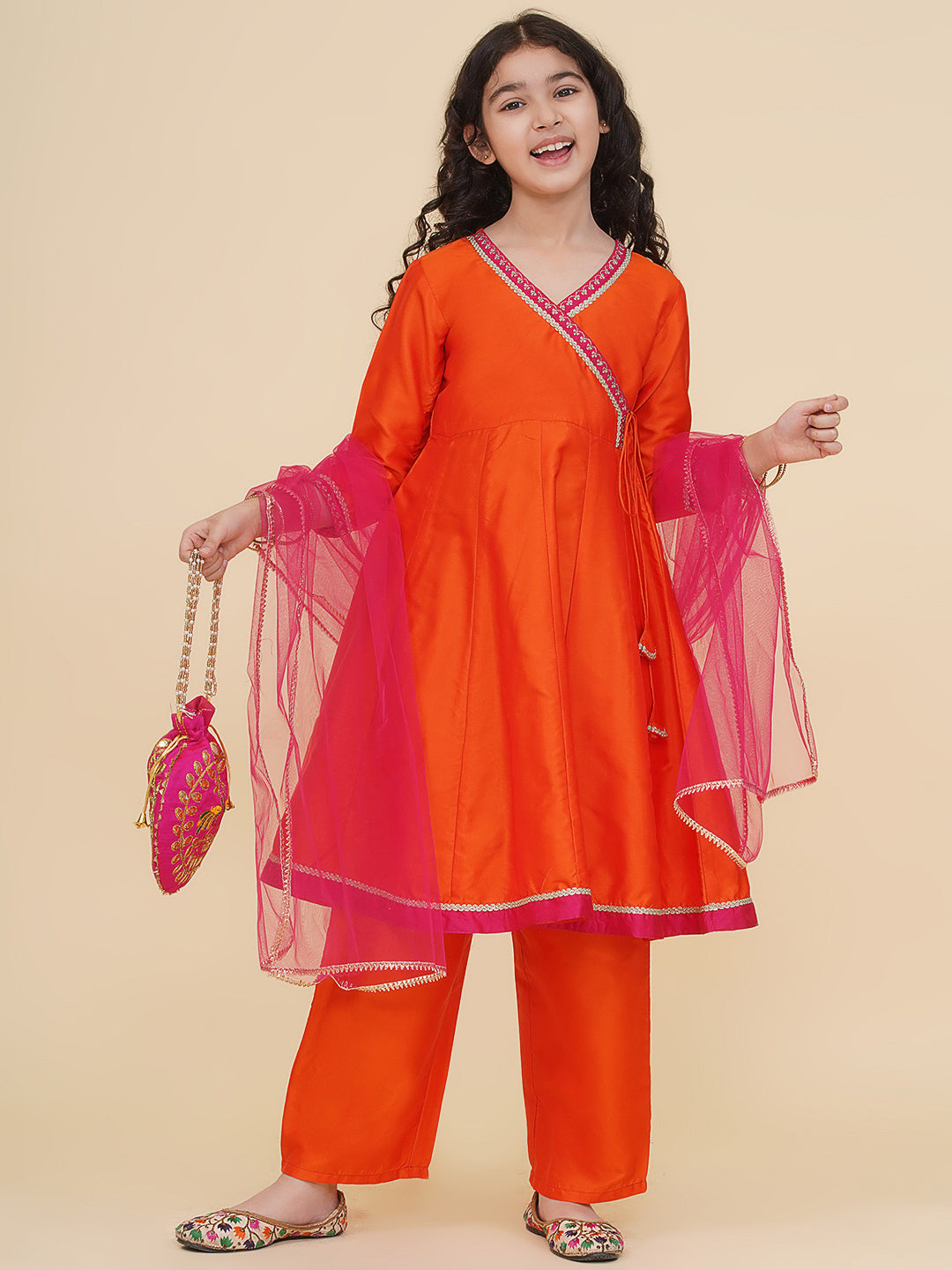 Bitiya by Bhama Girls Orange Angrakha Kurta with Trousers with Dupatta