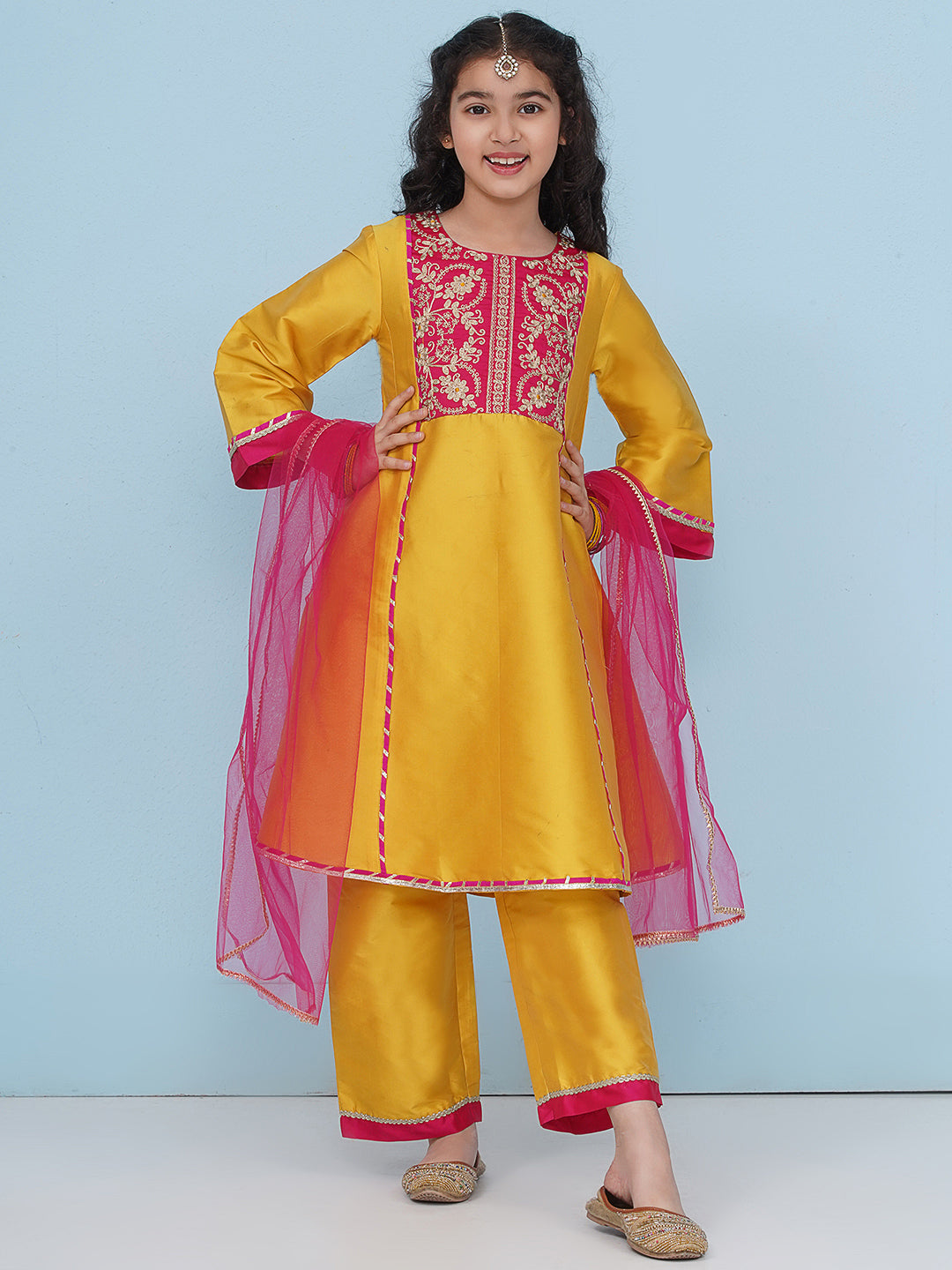 Bitiya by Bhama Girls Yellow Angrakha Kurta with Trousers