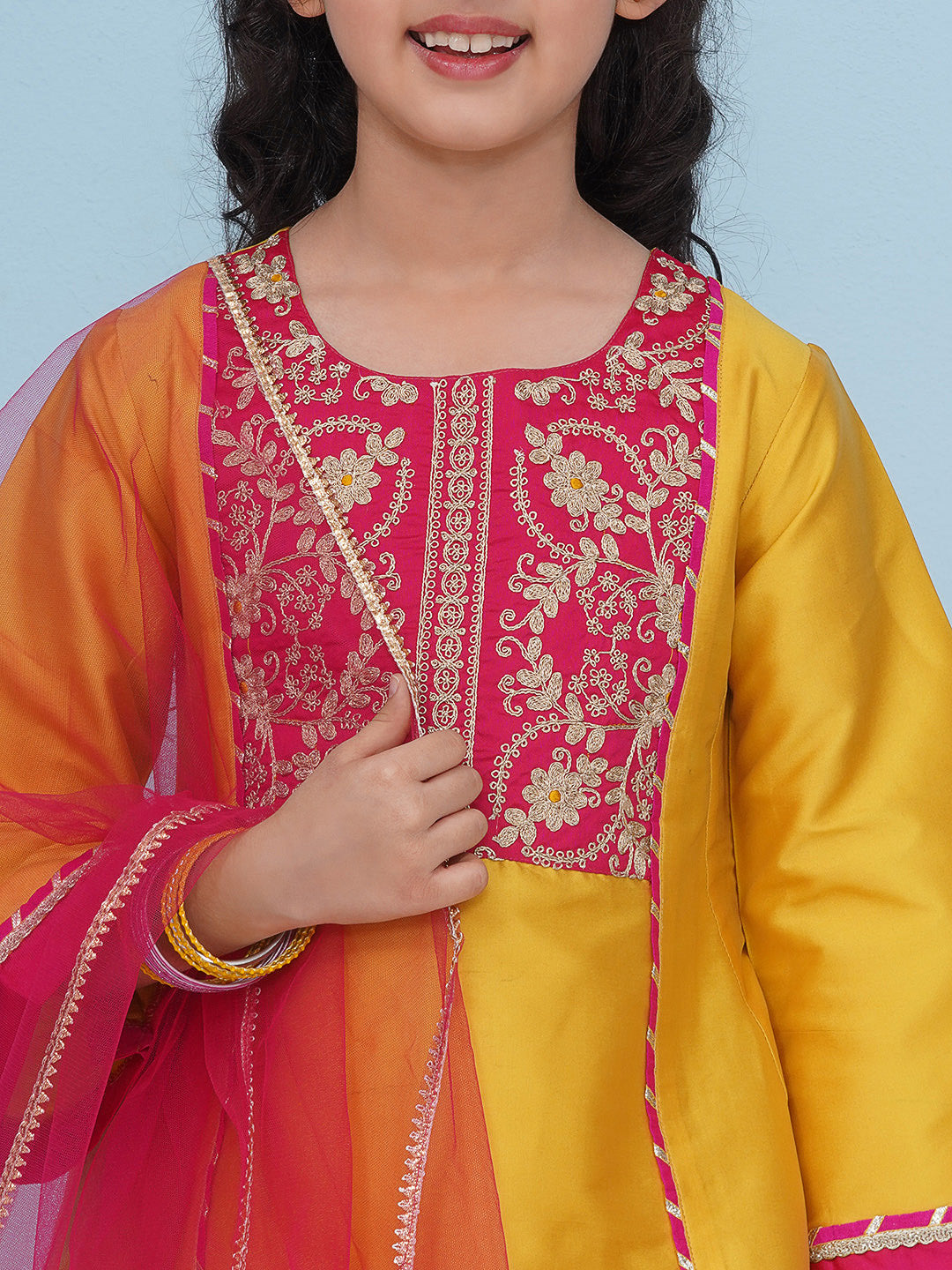 Bitiya by Bhama Girls Yellow Angrakha Kurta with Trousers
