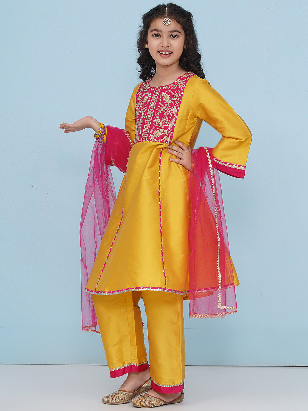 Bitiya by Bhama Girls Yellow Angrakha Kurta with Trousers
