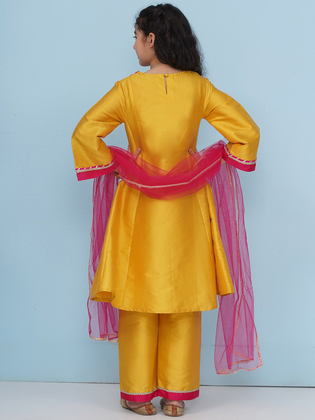 Bitiya by Bhama Girls Yellow Angrakha Kurta with Trousers