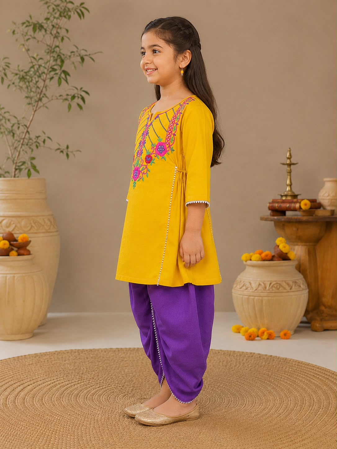 Bitiya By Bhama Girls Mustard Embroidered Kurta With Purple Dhoti set.