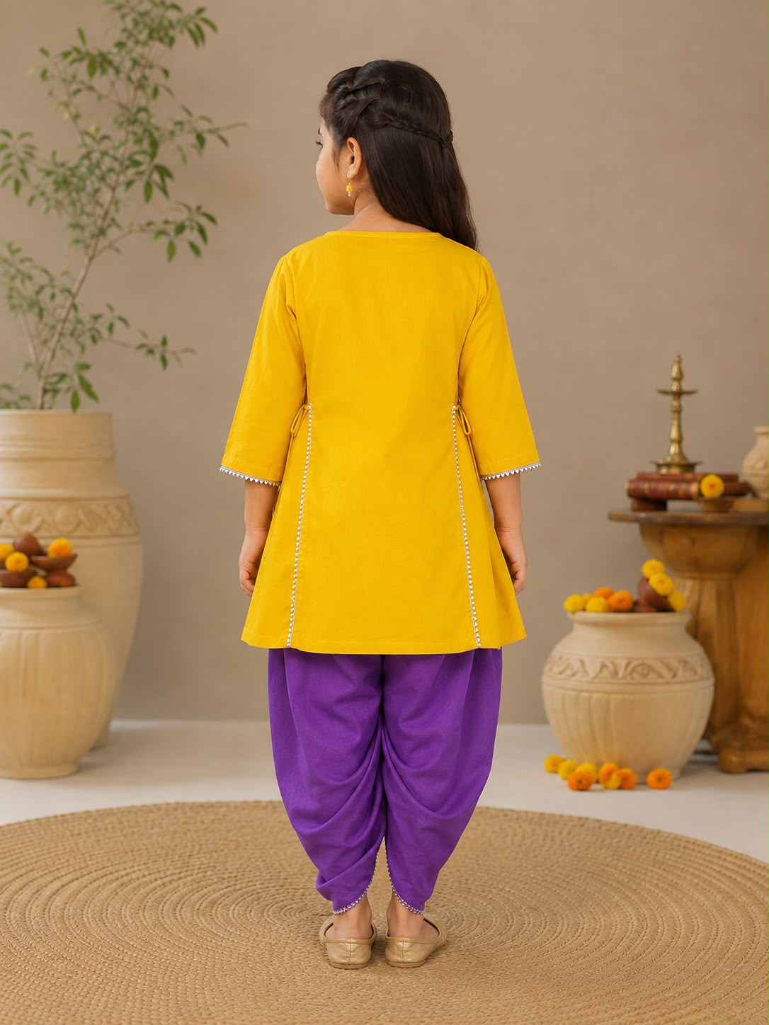 Bitiya By Bhama Girls Mustard Embroidered Kurta With Purple Dhoti set.
