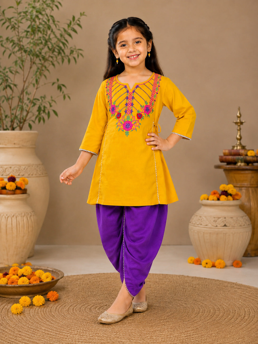 Bitiya By Bhama Girls Mustard Embroidered Kurta With Purple Dhoti set.