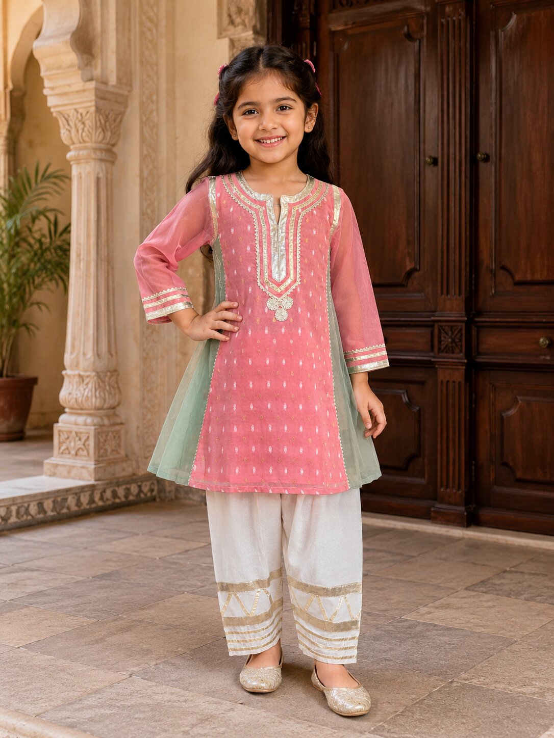 Bitiya By Bhama Girls Peach Kurta With Farsi Salwar