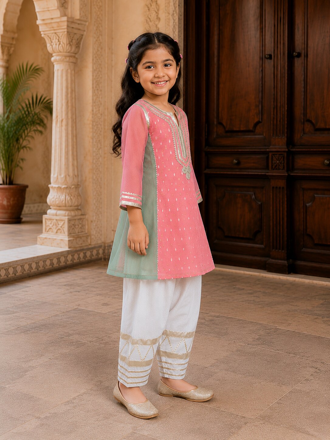 Bitiya By Bhama Girls Peach Kurta With Farsi Salwar