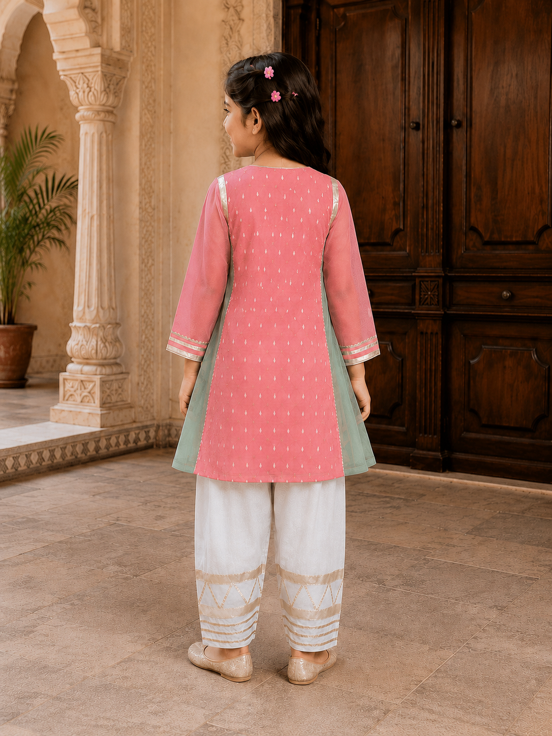 Bitiya By Bhama Girls Peach Kurta With Farsi Salwar