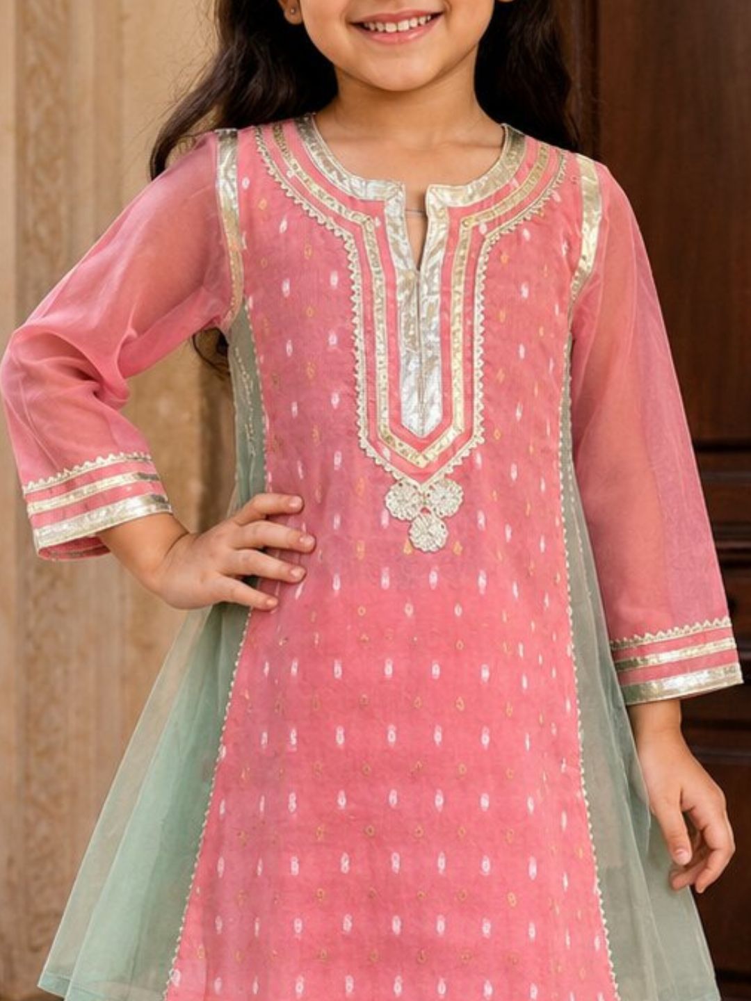 Bitiya By Bhama Girls Peach Kurta With Farsi Salwar