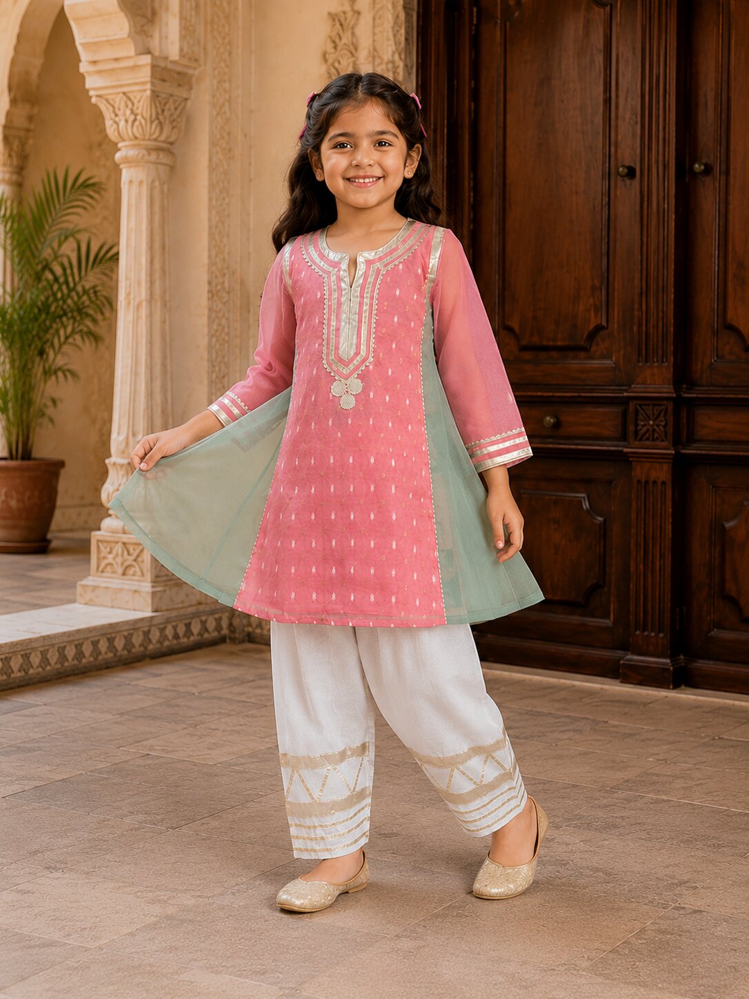Bitiya By Bhama Girls Peach Kurta With Farsi Salwar