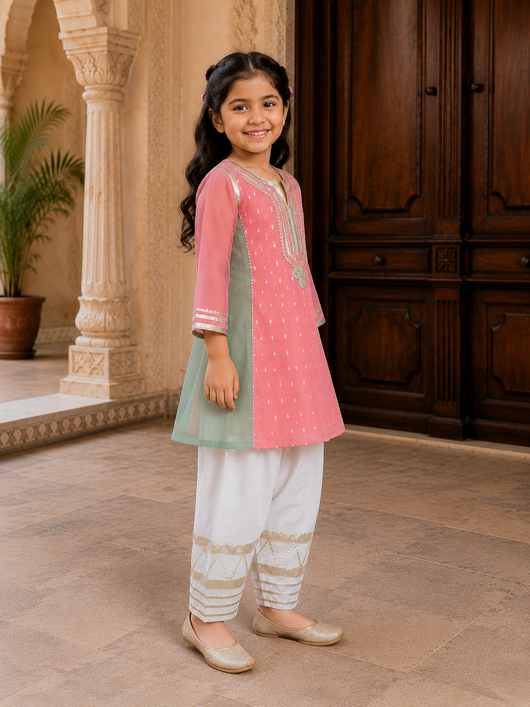 Bitiya By Bhama Girls Peach Kurta With Farsi Salwar