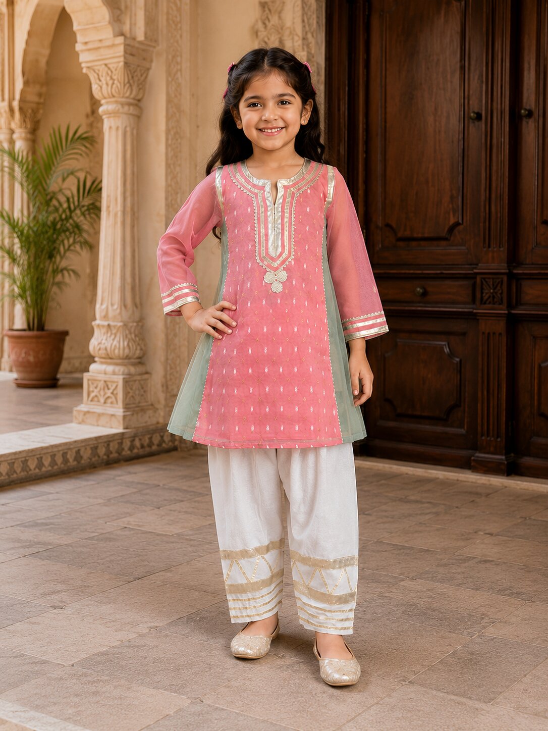 Bitiya By Bhama Girls Peach Kurta With Farsi Salwar
