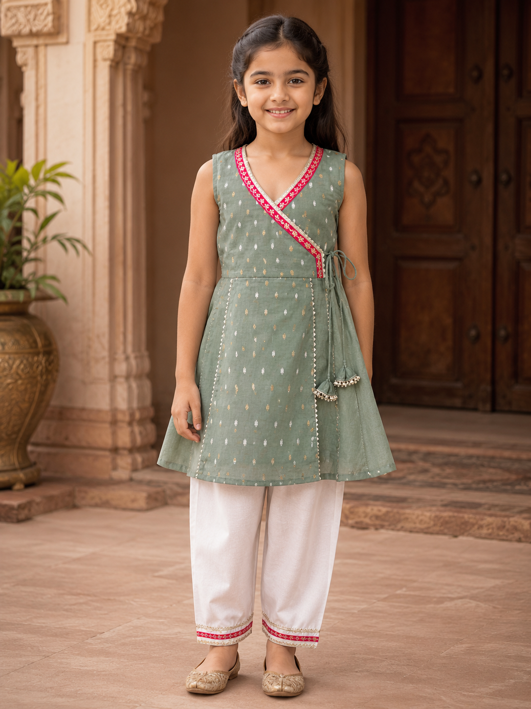 Bitiya By Bhama Girls Pista Green Kurta With Farsi Salwar