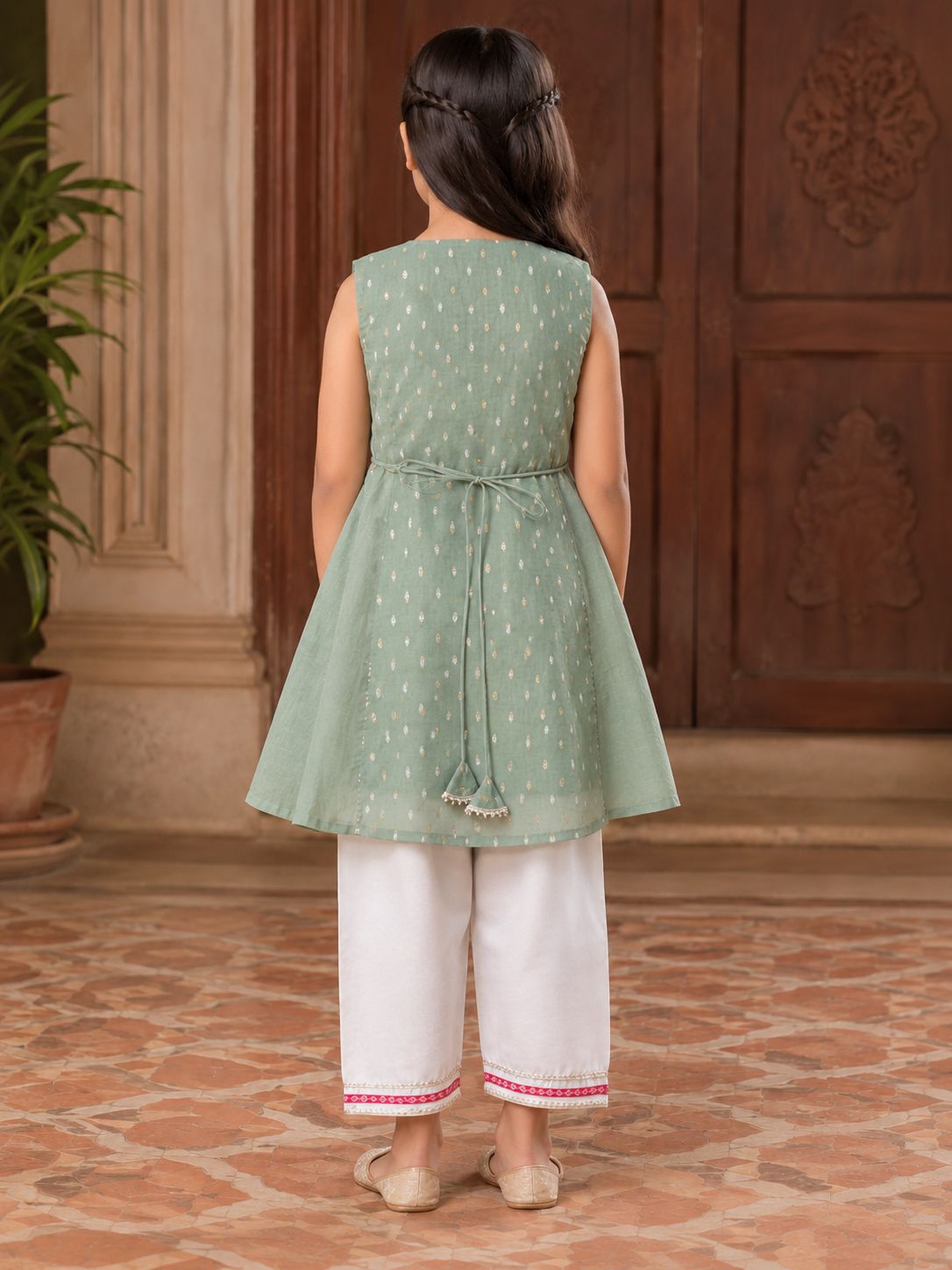 Bitiya By Bhama Girls Pista Green Kurta With Farsi Salwar