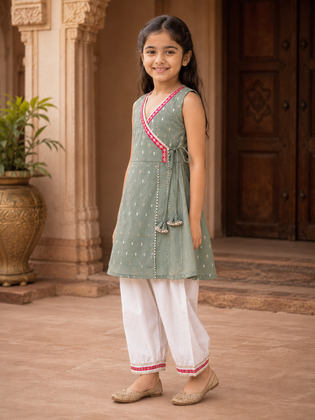 Bitiya By Bhama Girls Pista Green Kurta With Farsi Salwar